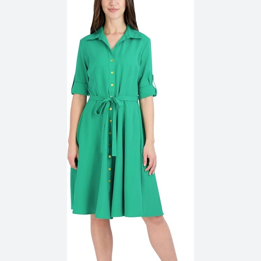 Sharagano Green Button-Front Midi Shirt Dress Waist Tie Size 8